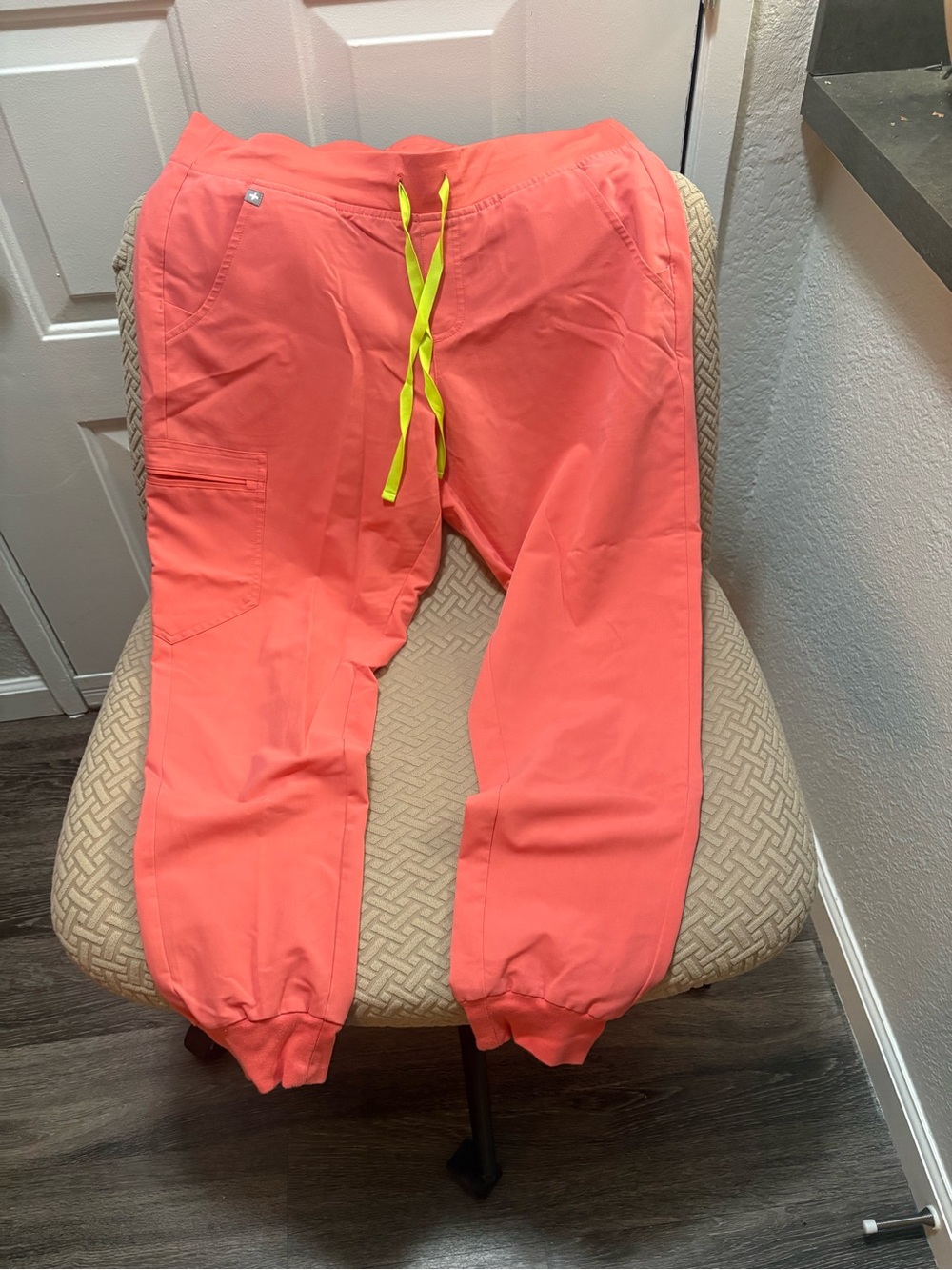 Figs Coral Women’s Jogger Scrub Pants with Neon Yellow Drawstring